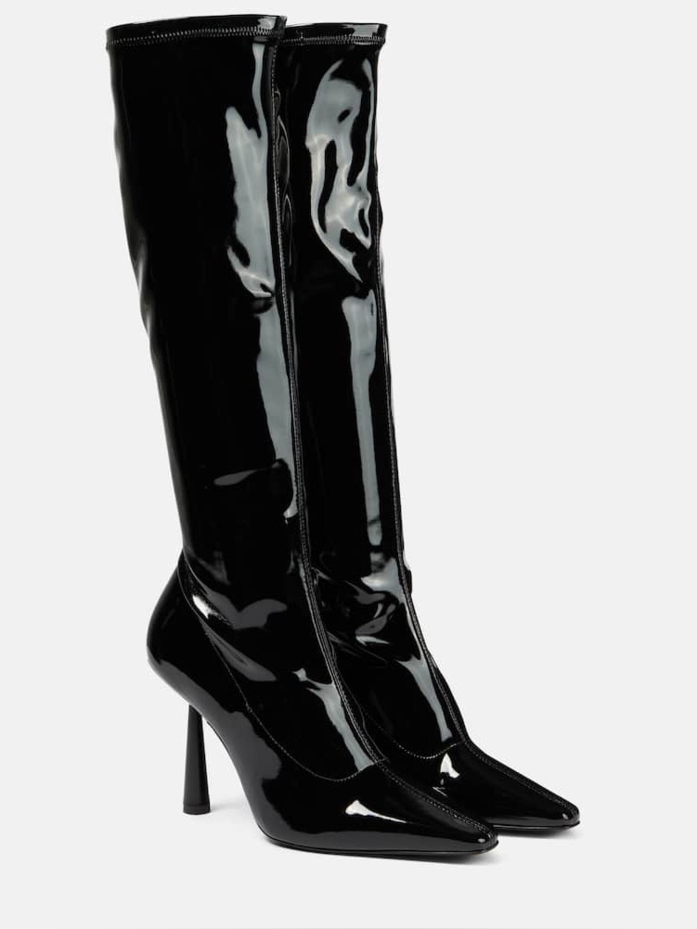 SAINT LAURENT Black Patent Knee-High Stiletto Boots, Size 38